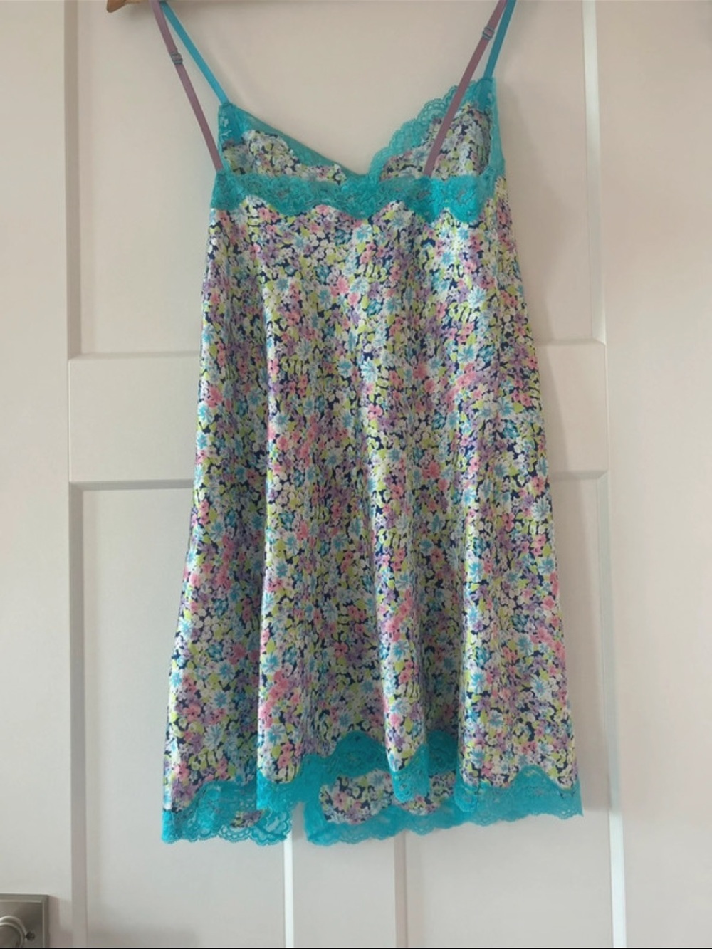 Victoria's Secret Teal-Trim Pastel Floral Satin Chemise - Picture 9 of 11